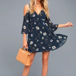 Navy Blue Floral Print Off-Shoulder Dress